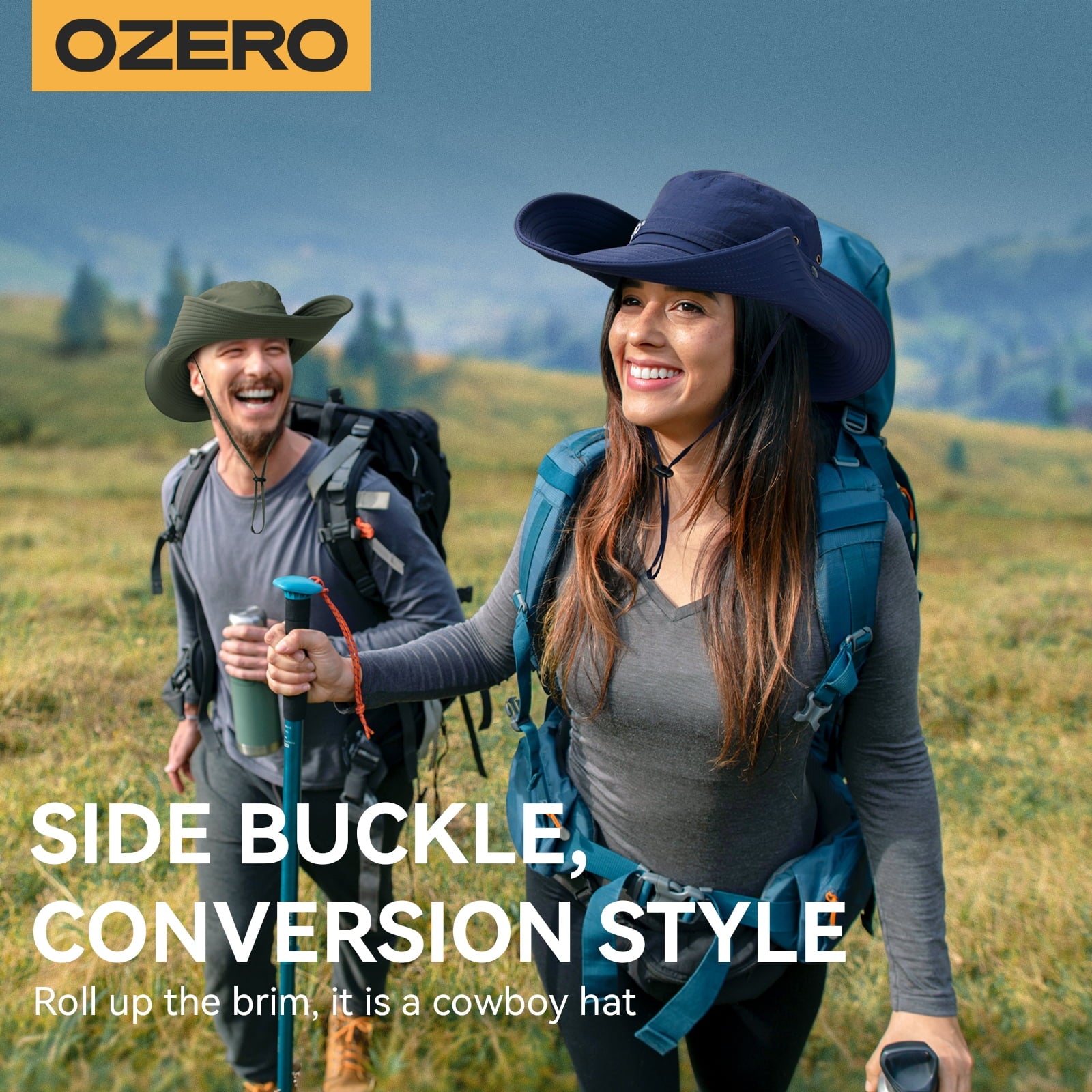 OZERO UPF 50+ wide brim sun hat for men and women, lightweight foldable boonie hat with adjustable chin strap and wind resistance.