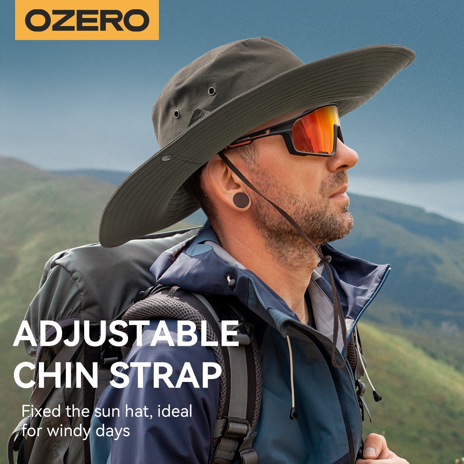 OZERO UPF 50+ wide brim sun hat for men and women, lightweight, foldable boonie hat with adjustable chin strap and wind resistance.