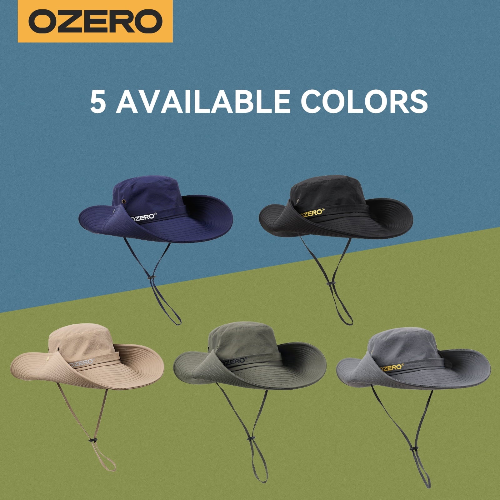 OZERO UPF 50+ sun hat with wide brim, lightweight foldable boonie style for men and women, with adjustable chin strap.