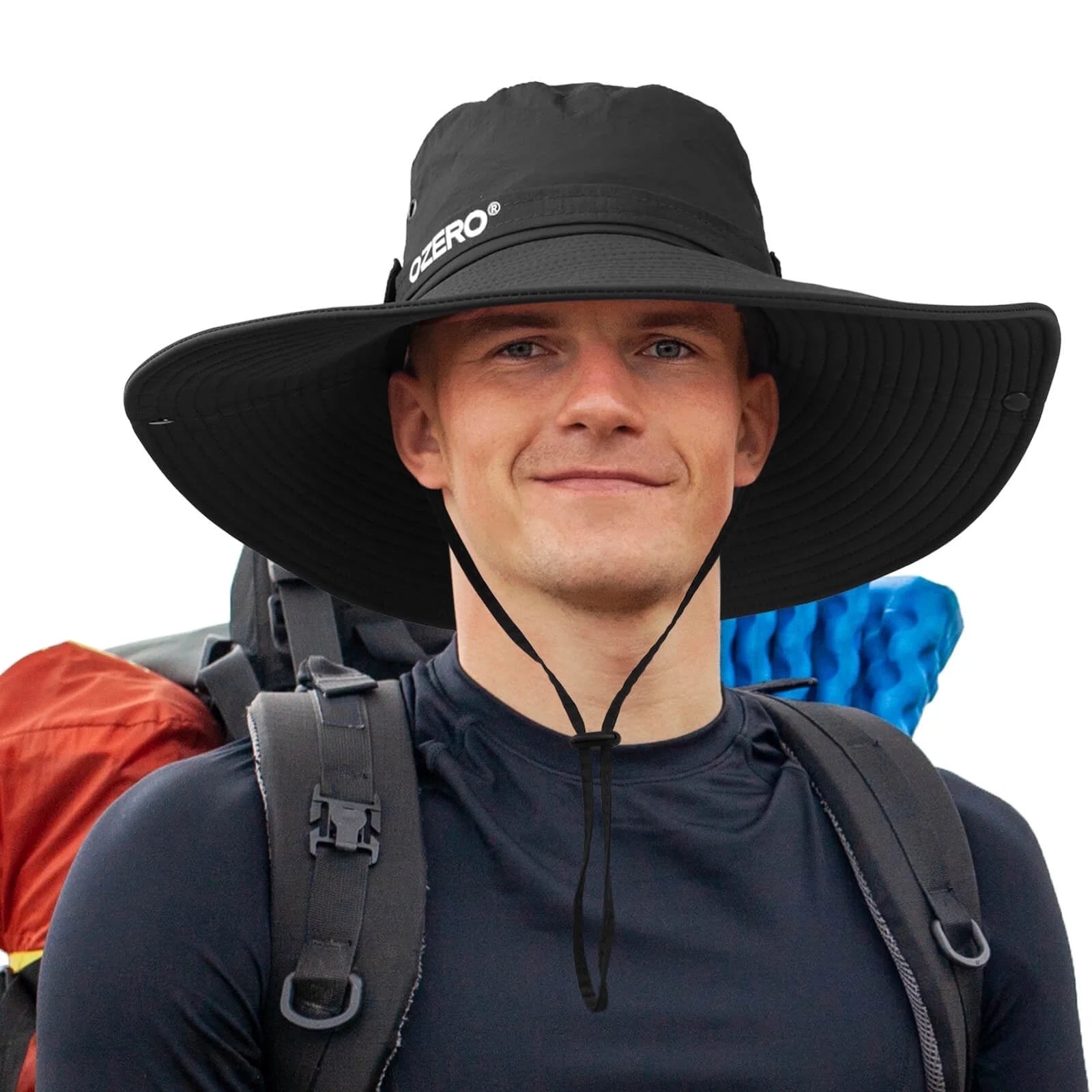 OZERO UPF 50+ sun hat with wide brim, lightweight foldable boonie style for men and women, includes adjustable chin strap and wind resistance.