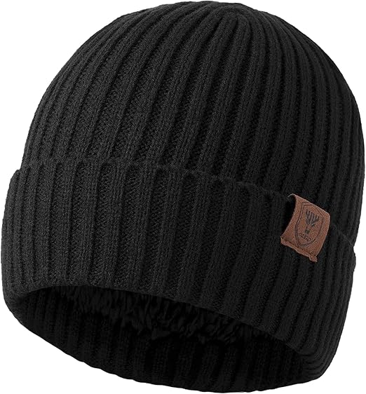 OZERO unisex thermal winter beanie hat in black, windproof knit skull cap designed for outdoor sports and cold weather warmth.