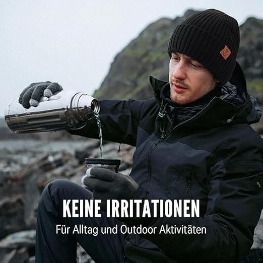 OZERO unisex thermal winter beanie hat in black, windproof knit skull cap for men and women, ideal for outdoor sports.