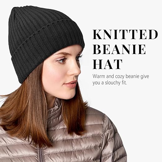 OZERO unisex black thermal winter beanie hat, windproof knit skull cap for men and women, suitable for outdoor sports.
