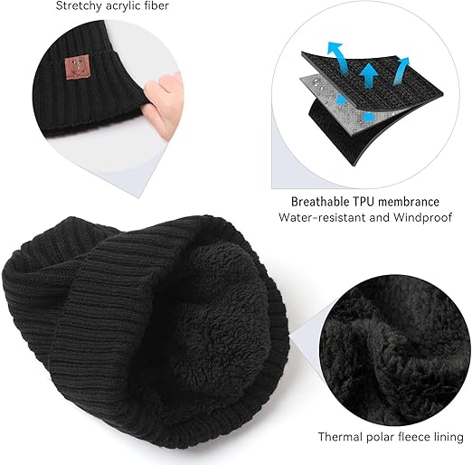 OZERO unisex thermal winter beanie in black, windproof knit skull cap for men and women, designed for outdoor cold weather activities.