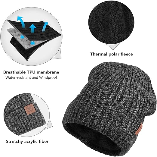OZERO unisex thermal winter beanie, grey knit skull cap for men and women, windproof and super warm for outdoor winter sports