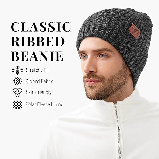 OZERO unisex thermal winter beanie, grey knit wooly hat with windproof design, suitable for men and women outdoor sports.