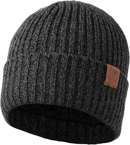 OZERO unisex thermal winter beanie hat in grey, windproof knit skull cap designed for outdoor sports and cold weather warmth.