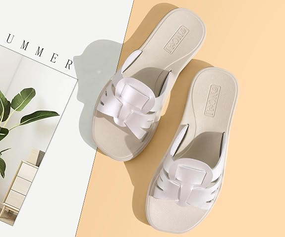 Oncai Women Sandals UK 6 - Pearl White Flat Summer Sliders - Elegant Square Toe Non-slip Beach Sandals