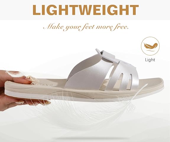 Oncai Women Sandals UK 6 - Pearl White Flat Summer Sliders - Elegant Square Toe Non-slip Beach Sandals