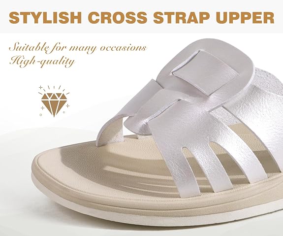Oncai Women Sandals UK 6 - Pearl White Flat Summer Sliders - Elegant Square Toe Non-slip Beach Sandals