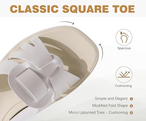 Oncai Women Sandals UK 6 - Pearl White Flat Summer Sliders - Elegant Square Toe Non-slip Beach Sandals