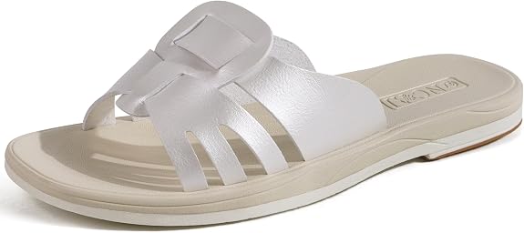 Oncai Women Sandals UK 6 - Pearl White Flat Summer Sliders - Elegant Square Toe Non-slip Beach Sandals