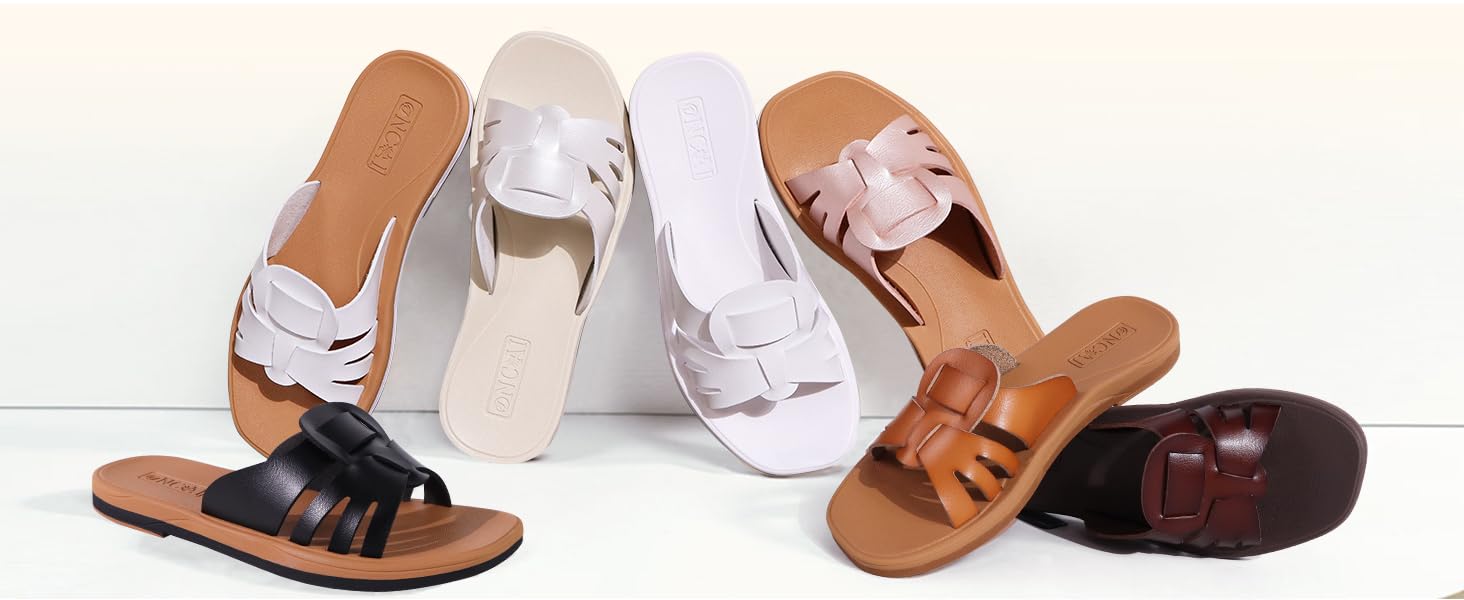 Oncai Women Sandals UK 6 - Pearl White Flat Summer Sliders - Elegant Square Toe Non-slip Beach Sandals