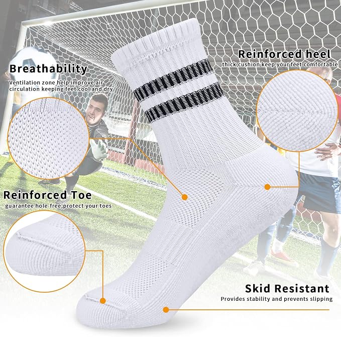 Ouhos 3 Pairs Kids Grip Football Socks Ages 7-14 - Non-Slip PE Sports Socks with Silicone Grip Sole - White Breathable Athletic Socks