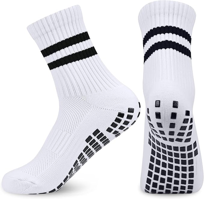 Ouhos 3 Pairs Kids Grip Football Socks Ages 7-14 - Non-Slip PE Sports Socks with Silicone Grip Sole - White Breathable Athletic Socks