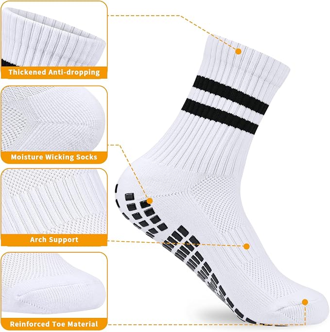 Ouhos 3 Pairs Kids Grip Football Socks Ages 7-14 - Non-Slip PE Sports Socks with Silicone Grip Sole - White Breathable Athletic Socks
