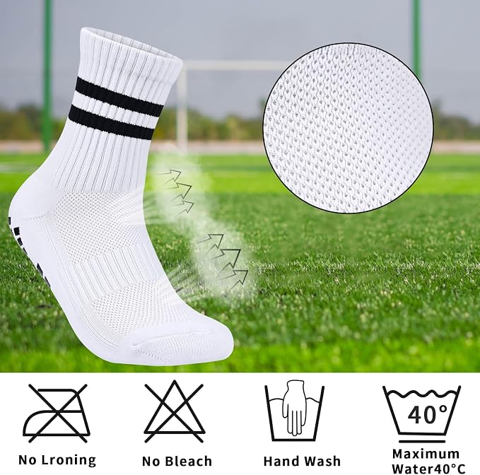 Ouhos 3 Pairs Kids Grip Football Socks Ages 7-14 - Non-Slip PE Sports Socks with Silicone Grip Sole - White Breathable Athletic Socks