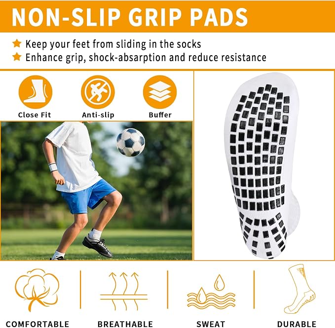 Ouhos 3 Pairs Kids Grip Football Socks Ages 7-14 - Non-Slip PE Sports Socks with Silicone Grip Sole - White Breathable Athletic Socks