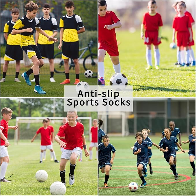 Ouhos 3 Pairs Kids Grip Football Socks Ages 7-14 - Non-Slip PE Sports Socks with Silicone Grip Sole - White Breathable Athletic Socks