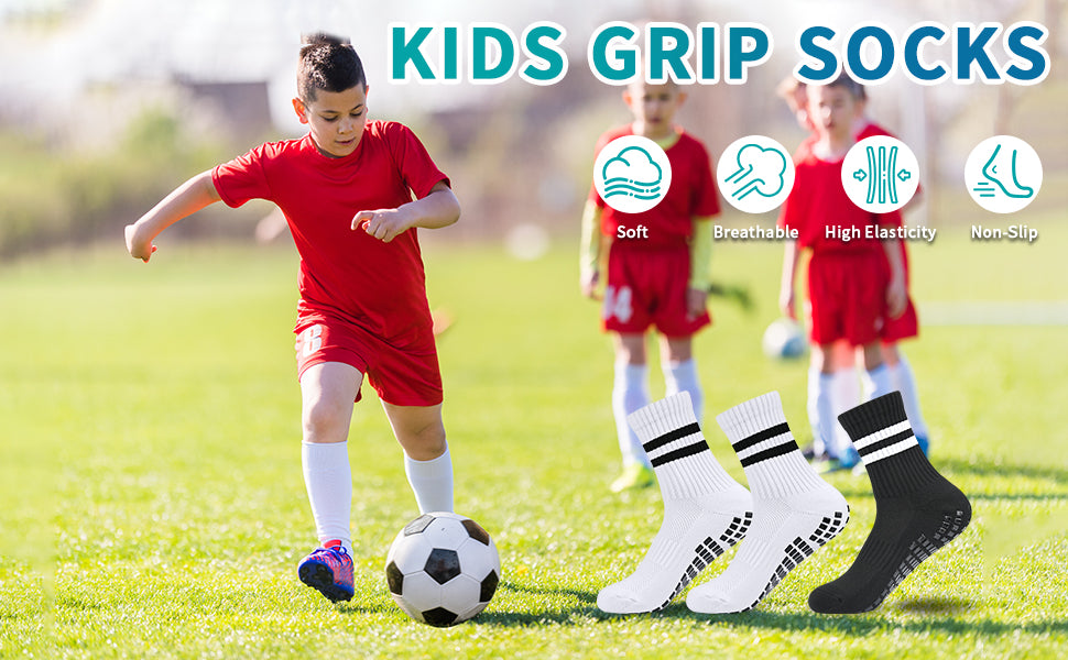 Ouhos 3 Pairs Kids Grip Football Socks Ages 7-14 - Non-Slip PE Sports Socks with Silicone Grip Sole - White Breathable Athletic Socks