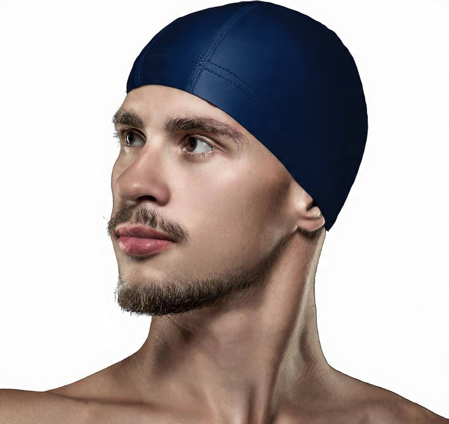 Outivity navy lycra swimming cap for women and men, breathable, soft, keeps hair clean, non-sticky, easy to wear.