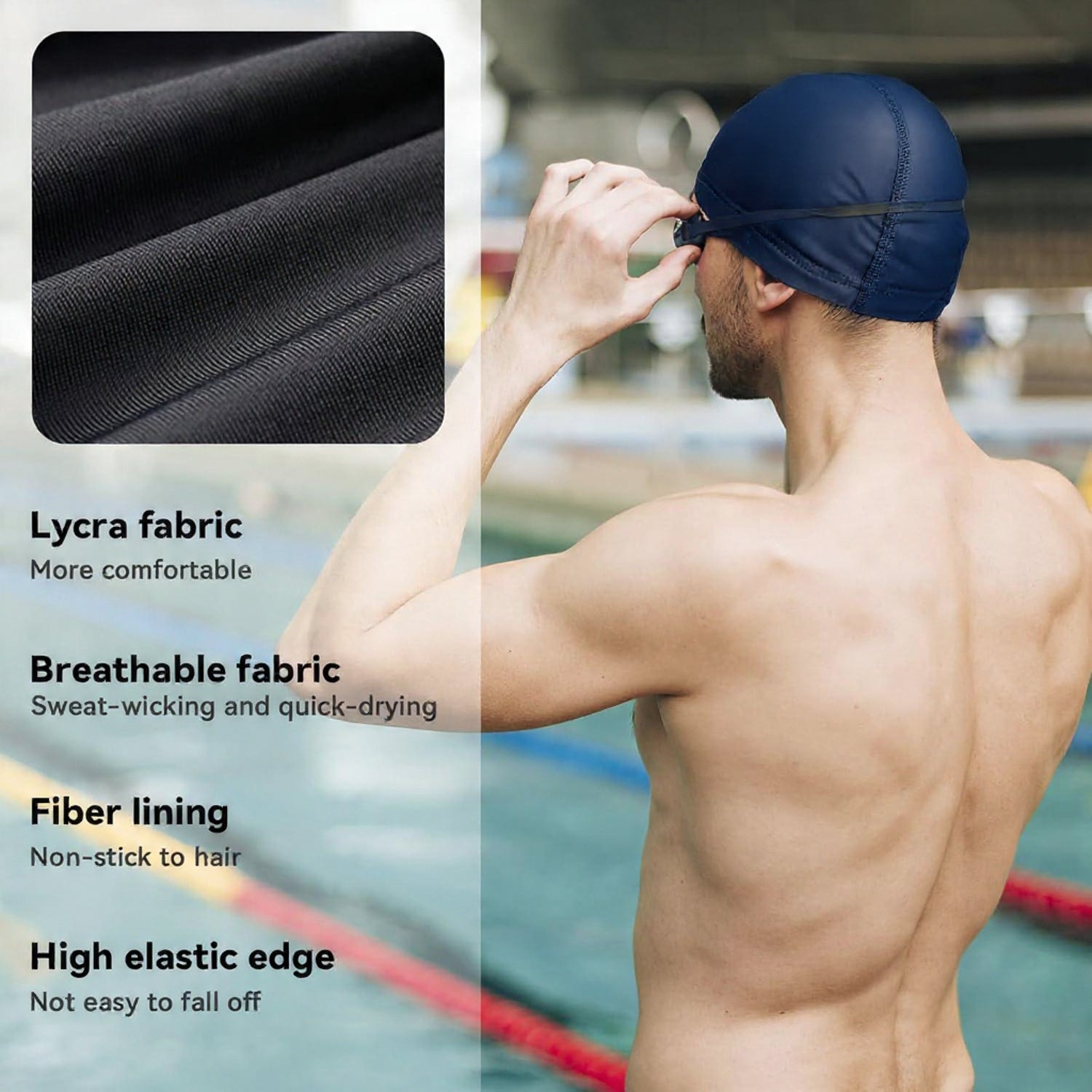 Outivity women and men lycra swimming cap in navy pattern, breathable, soft feel, keeps hair clean, non-sticky, easy to wear.