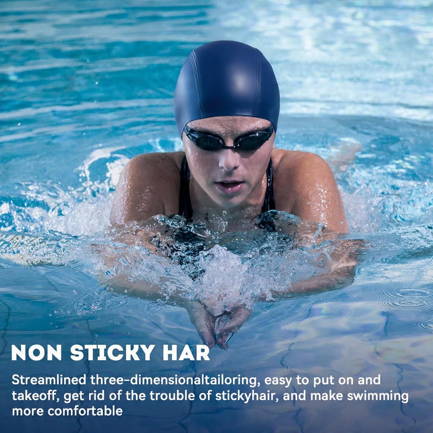 Outivity navy lycra swimming cap for women and men, breathable, soft, keeps hair clean, non-sticky, easy to wear, one size