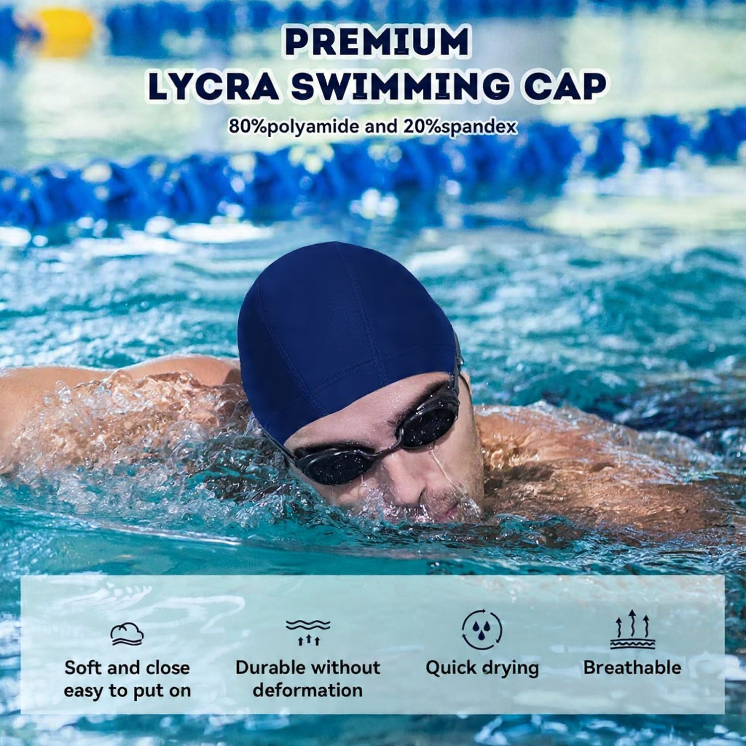 Outivity navy lycra swimming cap for women and men, breathable, soft feel, keeps hair clean, non-sticky, easy to wear.