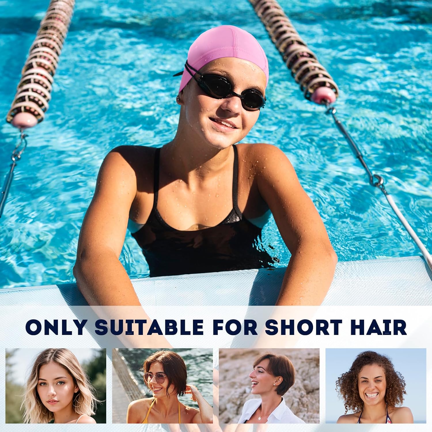 Outivity women's and men's navy lycra swimming cap with breathable soft feel, keeps hair clean, non-sticky, easy to put on.