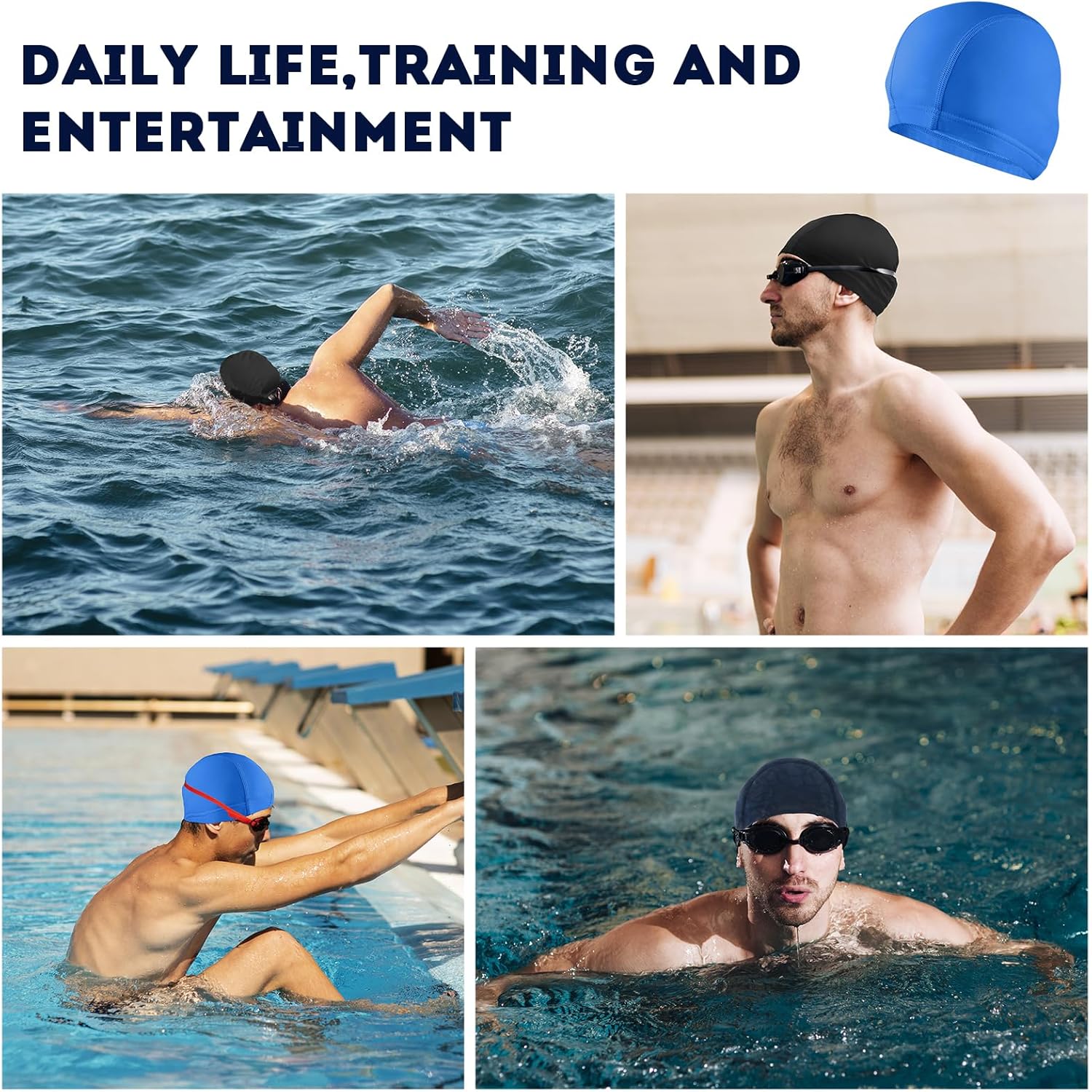 Outivity women and men lycra swimming cap in navy pattern, breathable, soft feel, keeps hair clean, non-sticky, easy to wear.