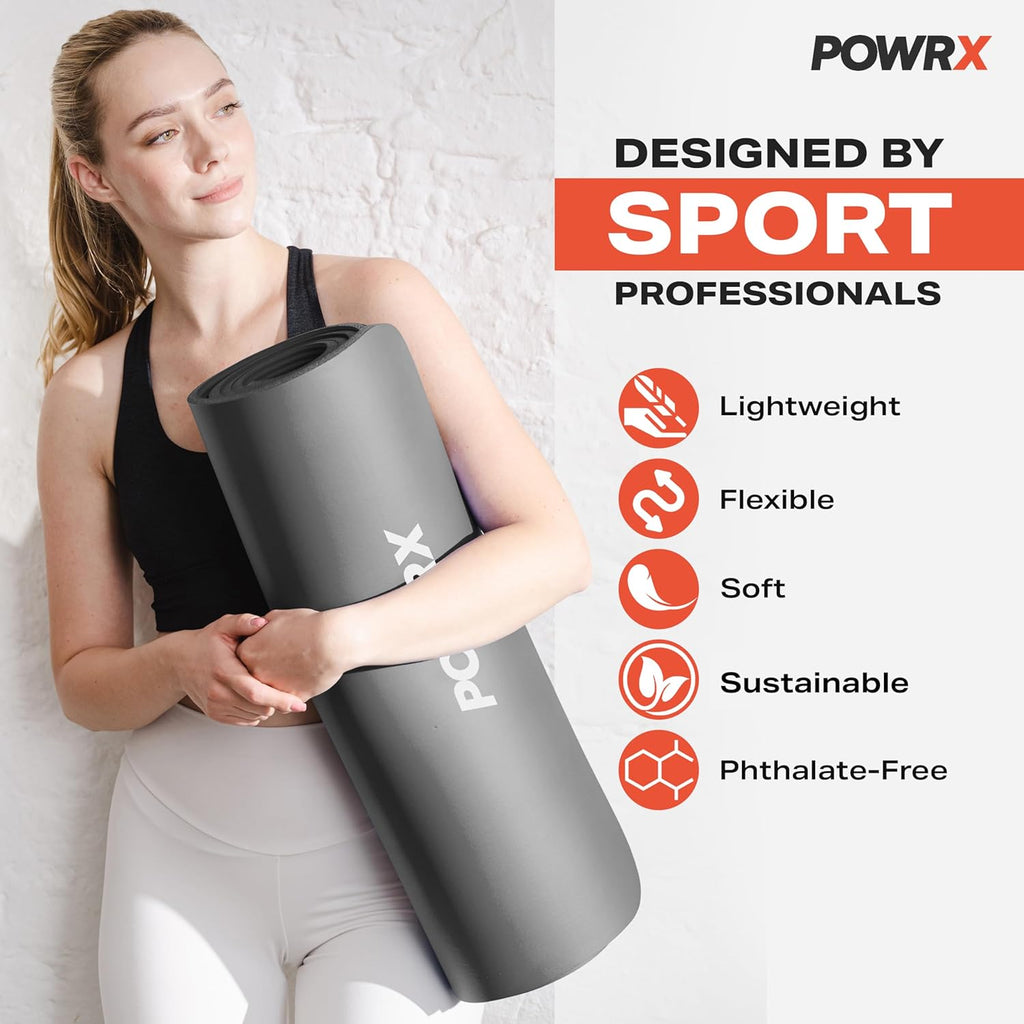 POWRX Premium Thick Exercise Mat | 190x60cm Extra Thick 1.5cm Sports & Yoga Mat | Non-Slip, Skin-Friendly & Phthalate-Free with Carry Bag