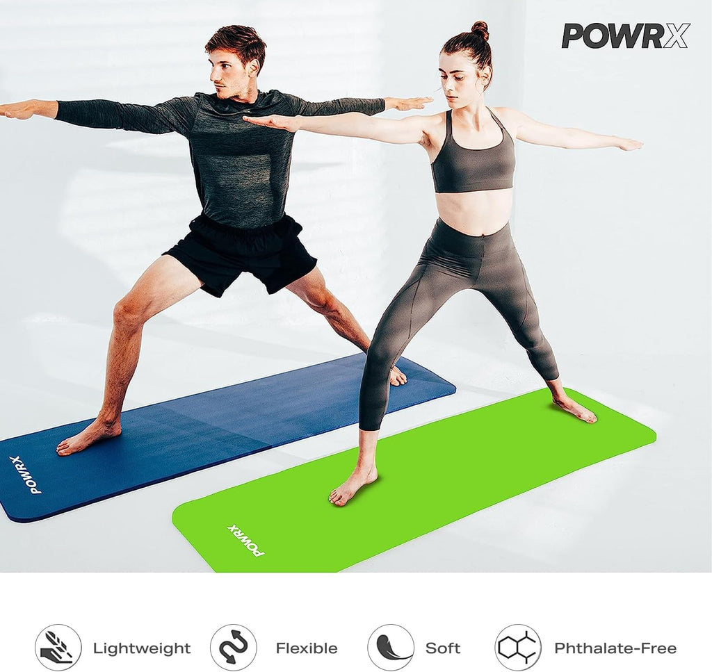 POWRX Premium Thick Exercise Mat | 190x60cm Extra Thick 1.5cm Sports & Yoga Mat | Non-Slip, Skin-Friendly & Phthalate-Free with Carry Bag