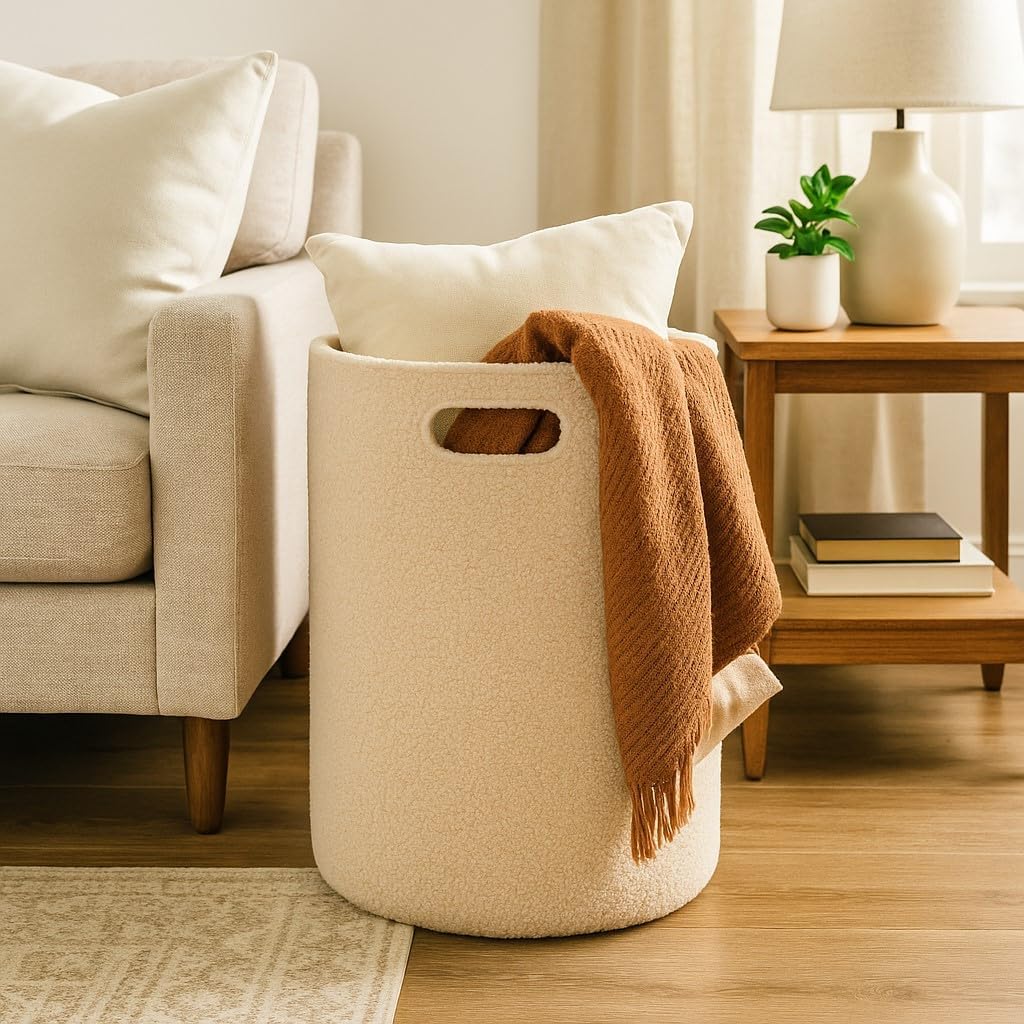 PUTSKA Fleece Storage Basket - Soft Laundry Hamper & Toy Organizer in Cream, Brown, Grey | Multi-Room Decor Solution