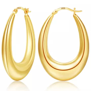 Pabbeu chunky gold and silver hoop earrings for women, lightweight hypoallergenic stainless steel oval hoops, various sizes.
