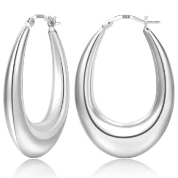 Pabbeu chunky gold and silver hoop earrings for women, lightweight hypoallergenic stainless steel oval hoops in various sizes.