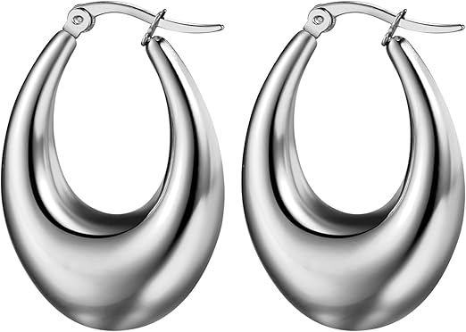 Pabbeu gold and silver chunky hoop earrings for women in various sizes, lightweight hypoallergenic stainless steel jewelry.