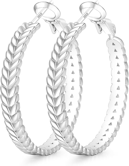 Pabbeu 925 sterling silver wheat hoop earrings with twisted design, lightweight, hypoallergenic, nickel-free, available in 20-50mm size