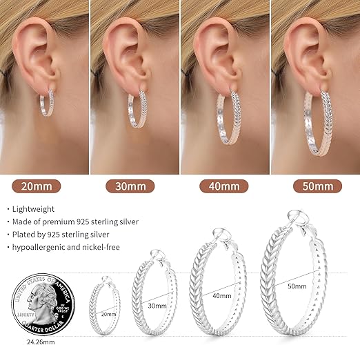 Pabbeu 925 Sterling Silver wheat hoop earrings with twisted design, lightweight, hypoallergenic, nickel-free, 20-50mm size