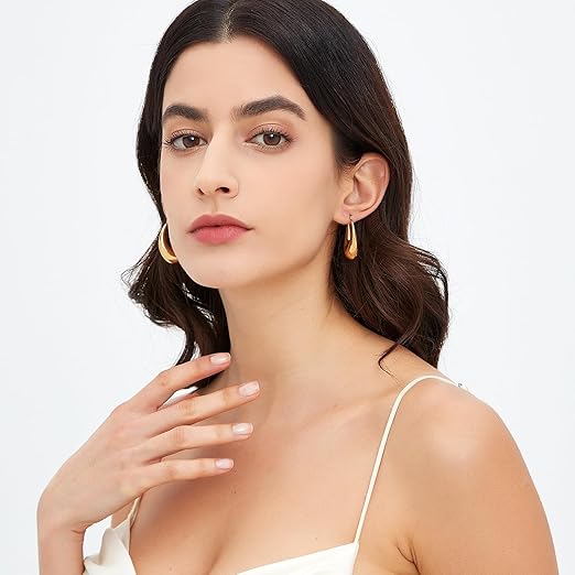 Pabbeu chunky gold and silver hoop earrings for women, lightweight hypoallergenic stainless steel oval earrings in various sizes