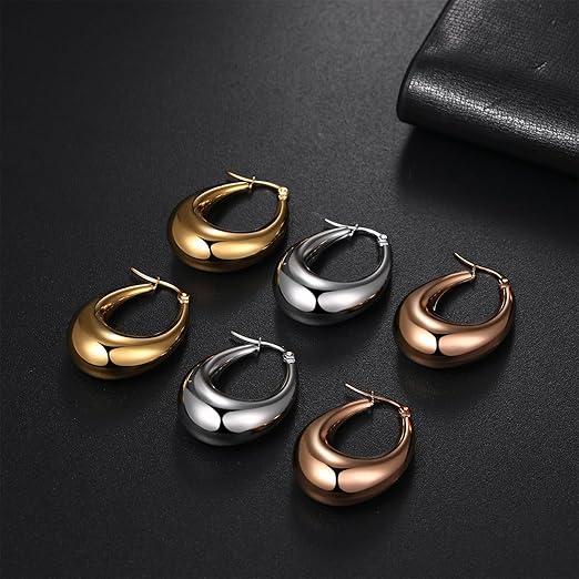 Pabbeu chunky gold and silver hoop earrings for women, lightweight hypoallergenic stainless steel oval and thick hoops, various sizes