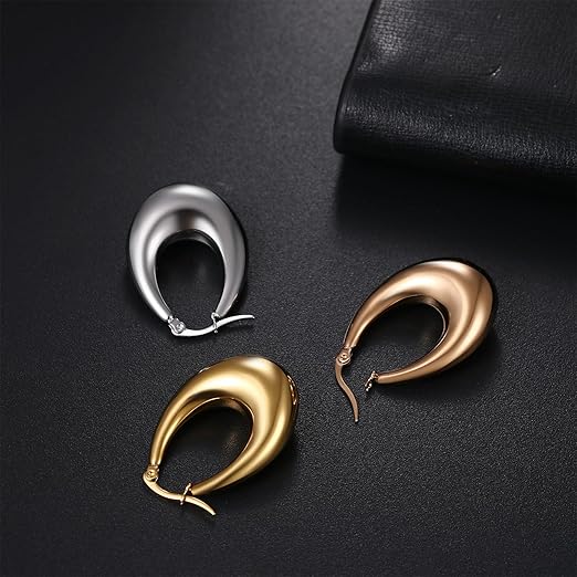 Pabbeu chunky gold and silver hoop earrings for women, lightweight hypoallergenic stainless steel oval hoops in various sizes.