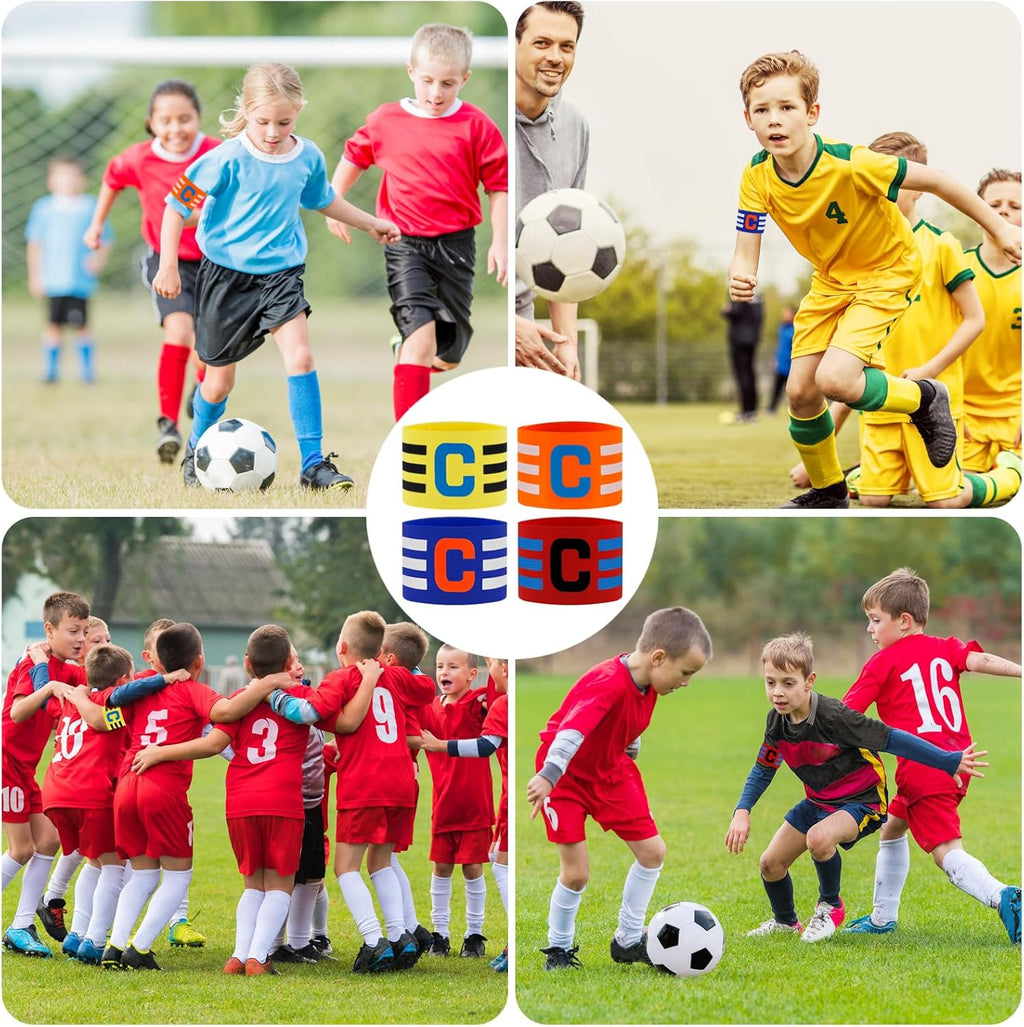 Pack of 4 Multi-Sport Captain Armbands | Adjustable Elastic Soccer, Hockey & Rugby Armbands in Red, Blue, Yellow & Orange