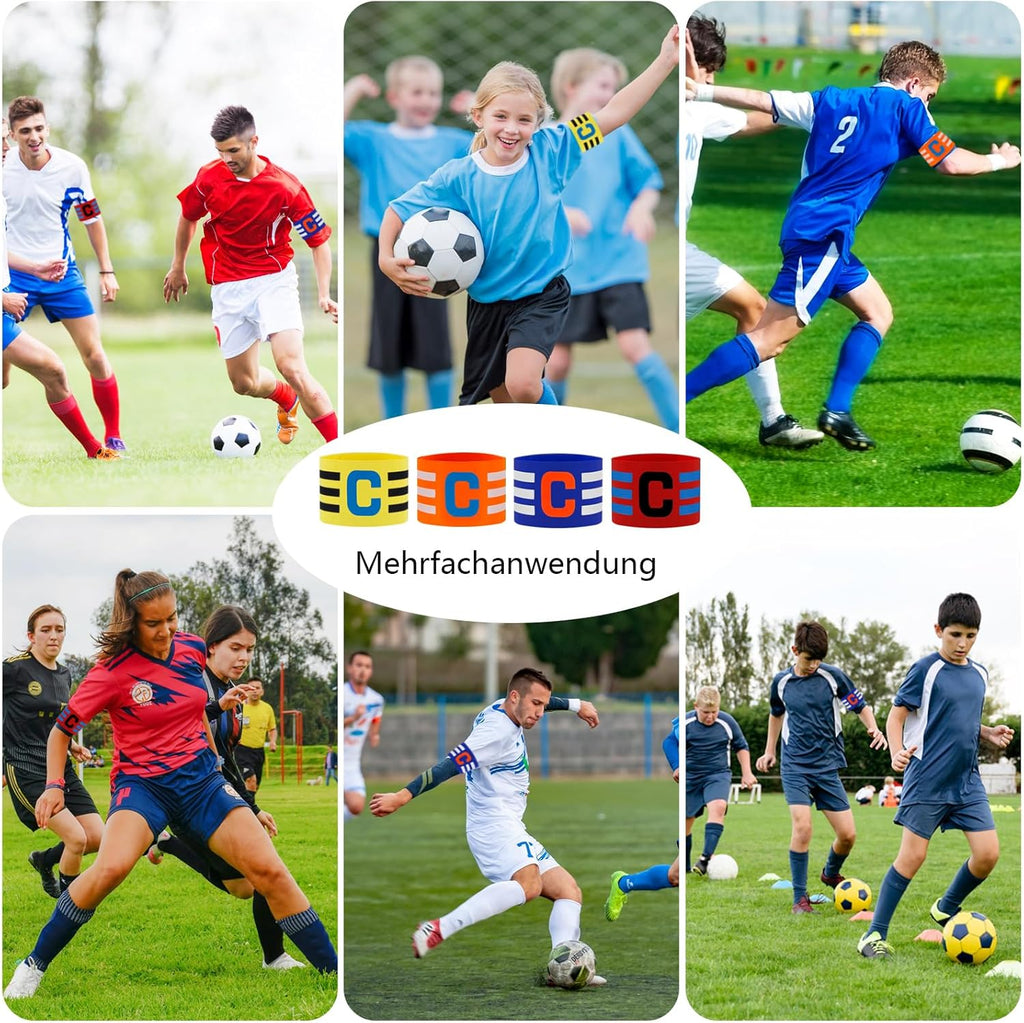 Pack of 4 Multi-Sport Captain Armbands | Adjustable Elastic Soccer, Hockey & Rugby Armbands in Red, Blue, Yellow & Orange
