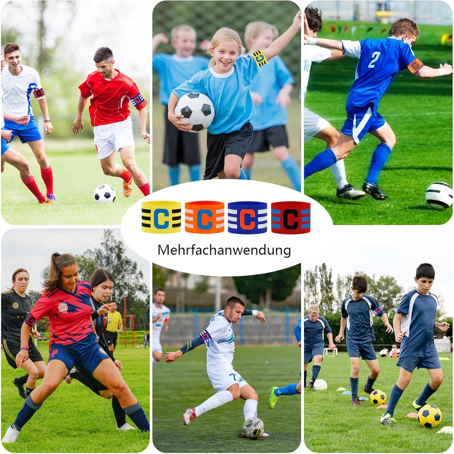 Pack of 4 Multi-Sport Captain Armbands | Adjustable Elastic Soccer, Hockey & Rugby Armbands in Red, Blue, Yellow & Orange