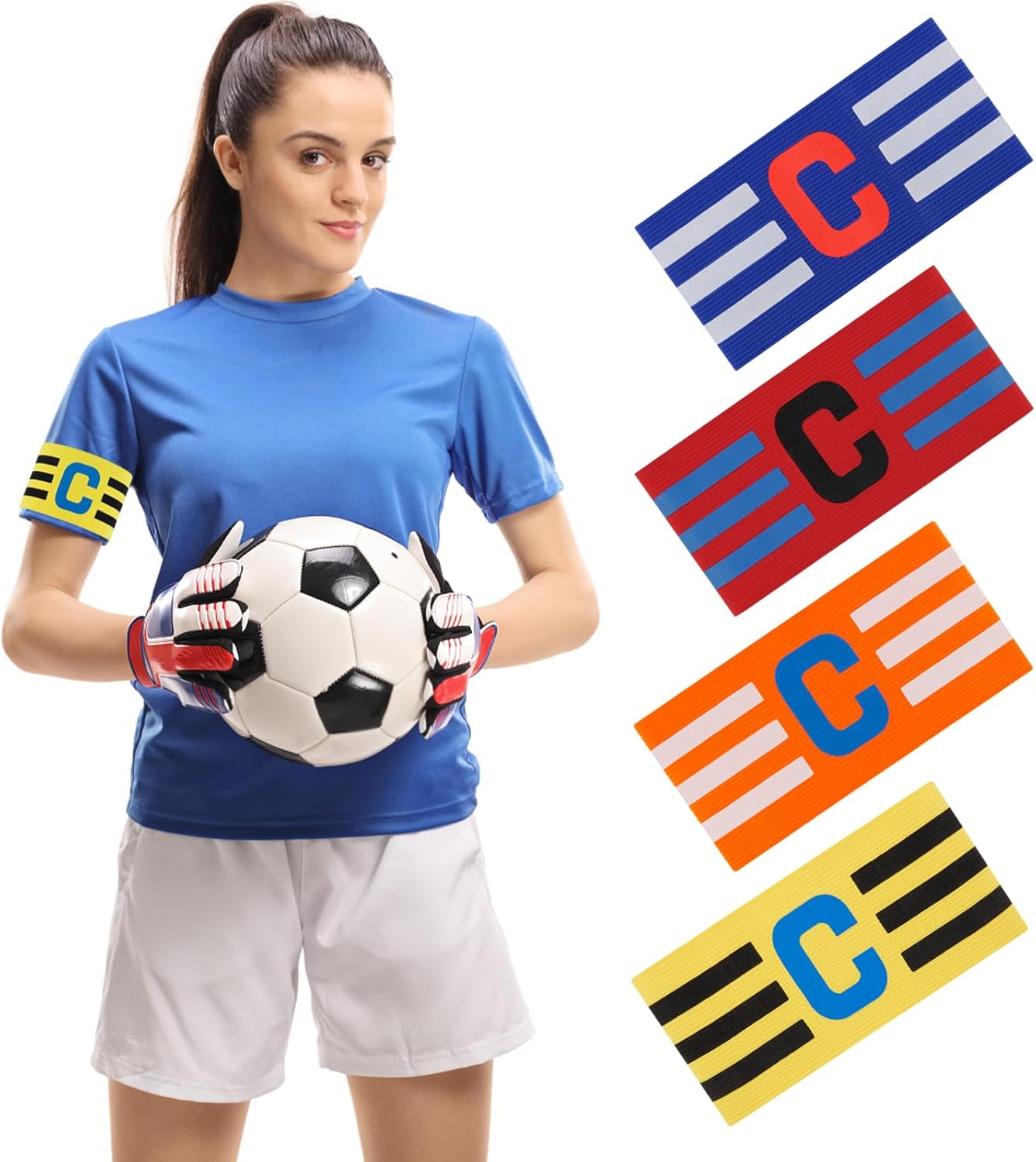 Pack of 4 Multi-Sport Captain Armbands | Adjustable Elastic Soccer, Hockey & Rugby Armbands in Red, Blue, Yellow & Orange