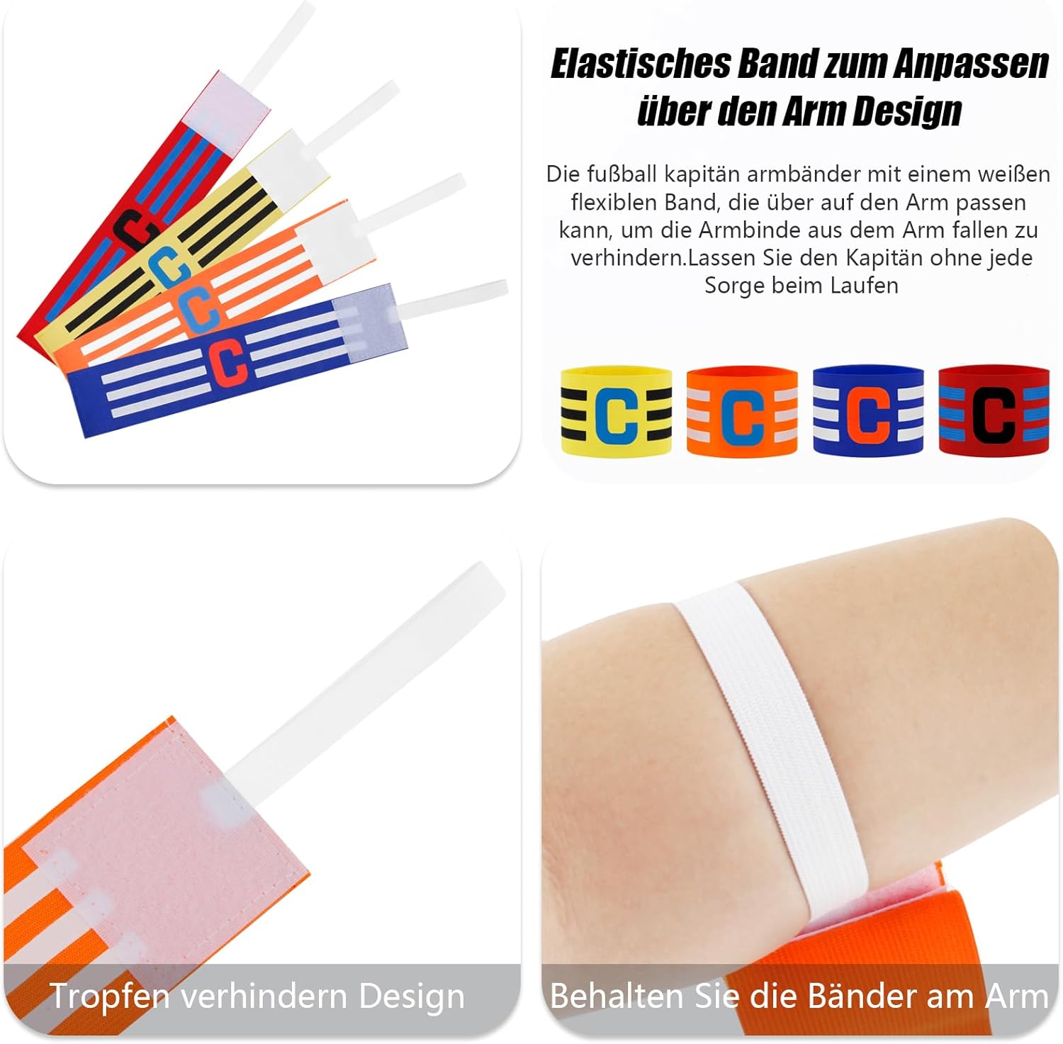 Pack of 4 Multi-Sport Captain Armbands | Adjustable Elastic Soccer, Hockey & Rugby Armbands in Red, Blue, Yellow & Orange