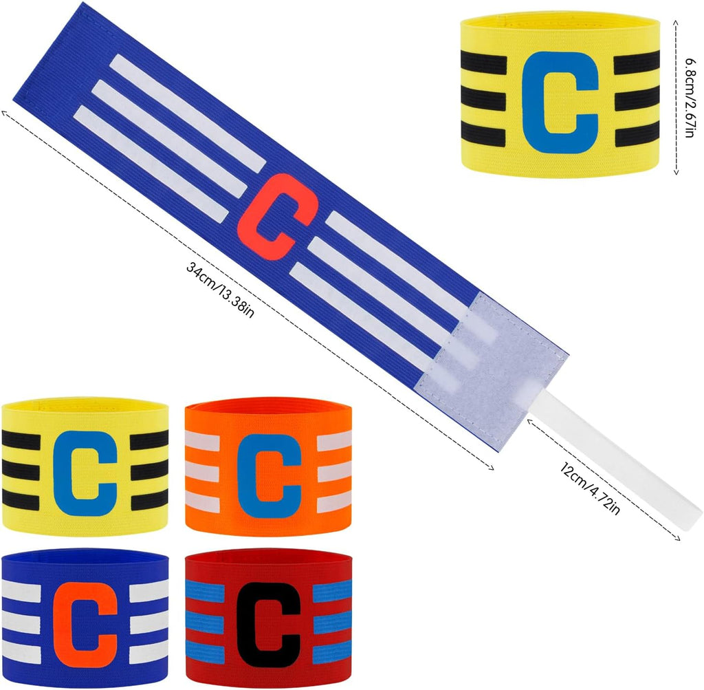 Pack of 4 Multi-Sport Captain Armbands | Adjustable Elastic Soccer, Hockey & Rugby Armbands in Red, Blue, Yellow & Orange