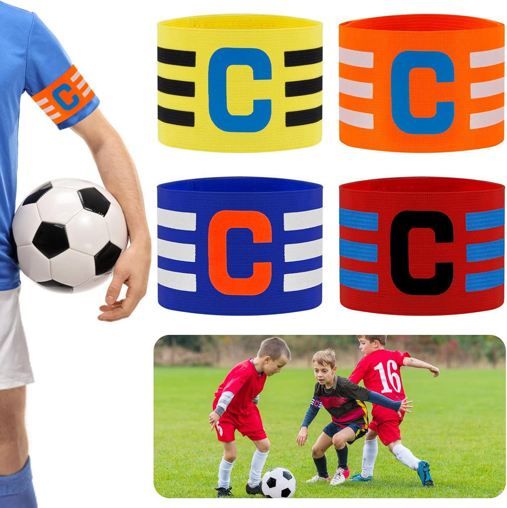 Pack of 4 Multi-Sport Captain Armbands | Adjustable Elastic Soccer, Hockey & Rugby Armbands in Red, Blue, Yellow & Orange