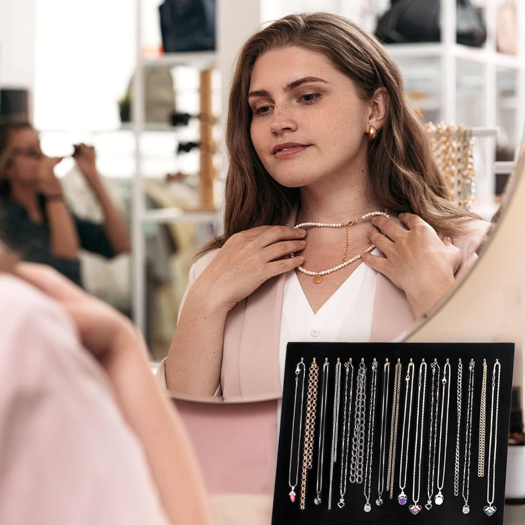 Pack of 2 Black Velvet Jewelry Display Stands | 17-Hook Necklace Holder Board for Boutique & Store