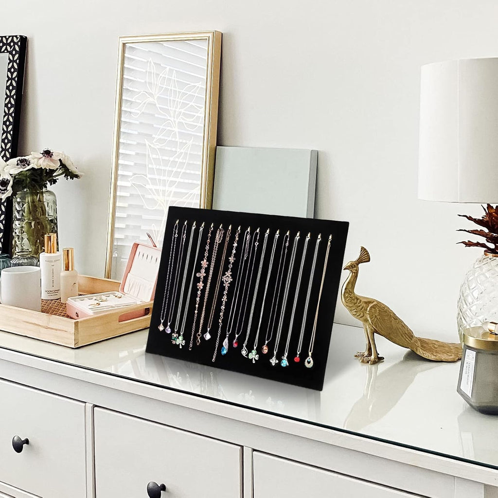 Pack of 2 Black Velvet Jewelry Display Stands | 17-Hook Necklace Holder Board for Boutique & Store